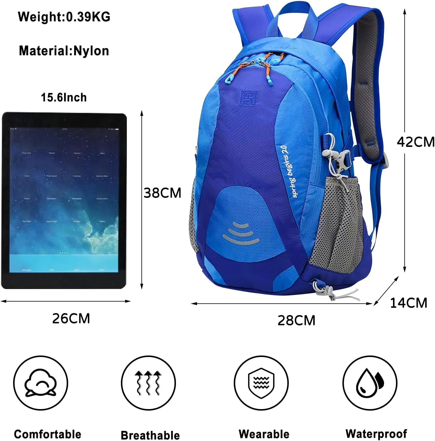 PORRASSO Hiking Backpack Waterproof Daypack 20L Rucksack Lightweight Backpack for Women Men Trekking Cycling Climbing Outdoor Sports Blue