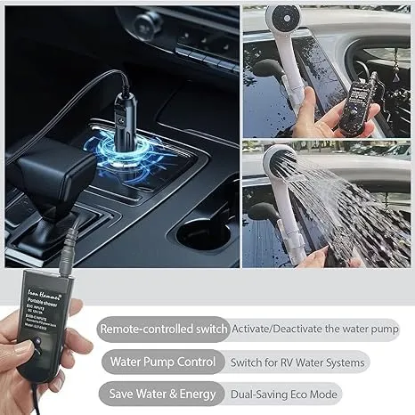 Portable 12V High Pressure Camp Shower Pump Compatible with Car Lighter Plug&PD Fast Charging Portable Power Banks by USB-C,Outdoor Shower for Camping