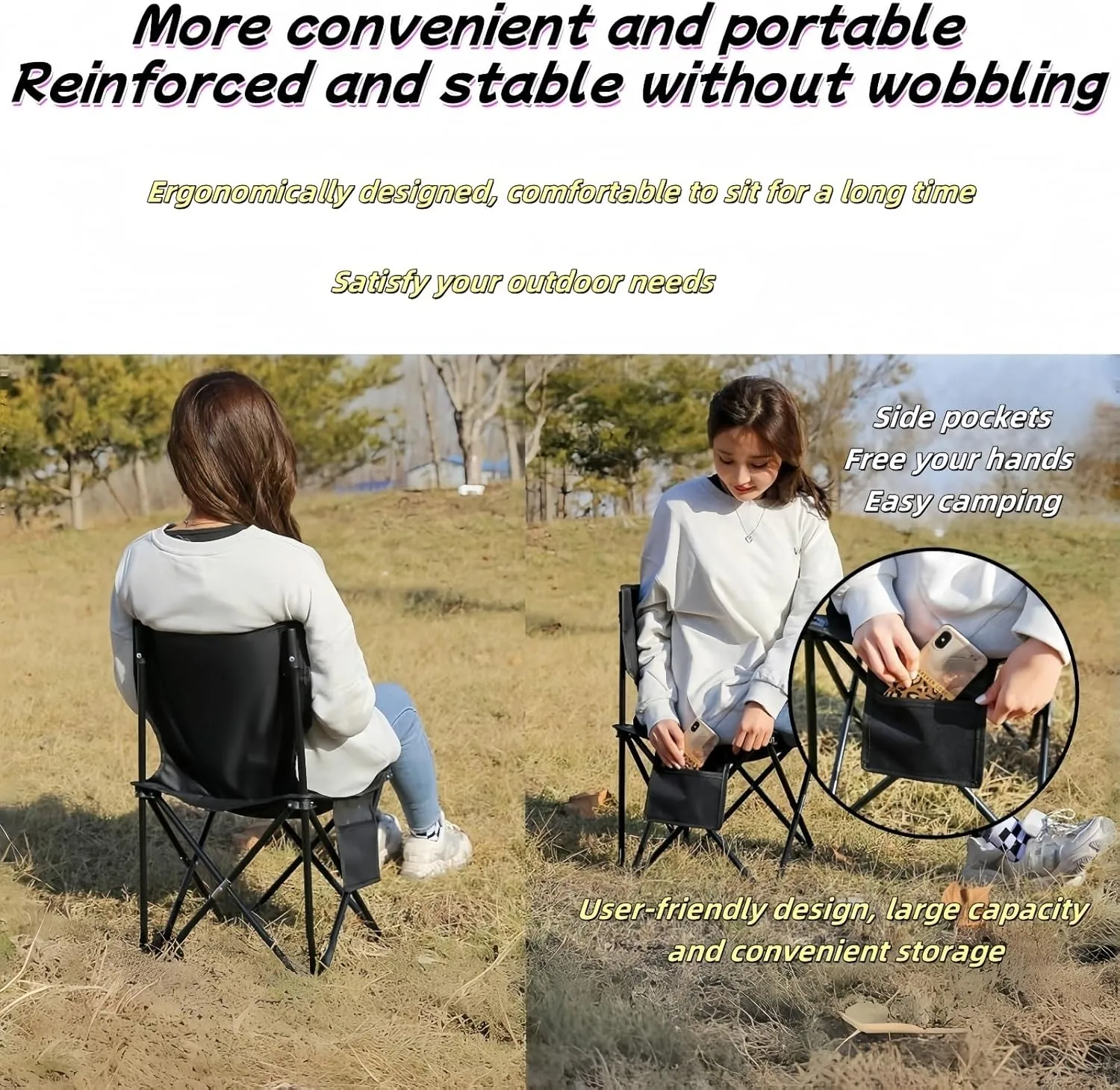 Portable Camping Chair Collapsible Anti-Slip Padded Oxford, Outdoors Versatile Folding Chair with Carry Bag, for Hiking, Fishing, Gardening, Picnic, Beach, Lawn, Outdoor Sports(Beige,X-Large)