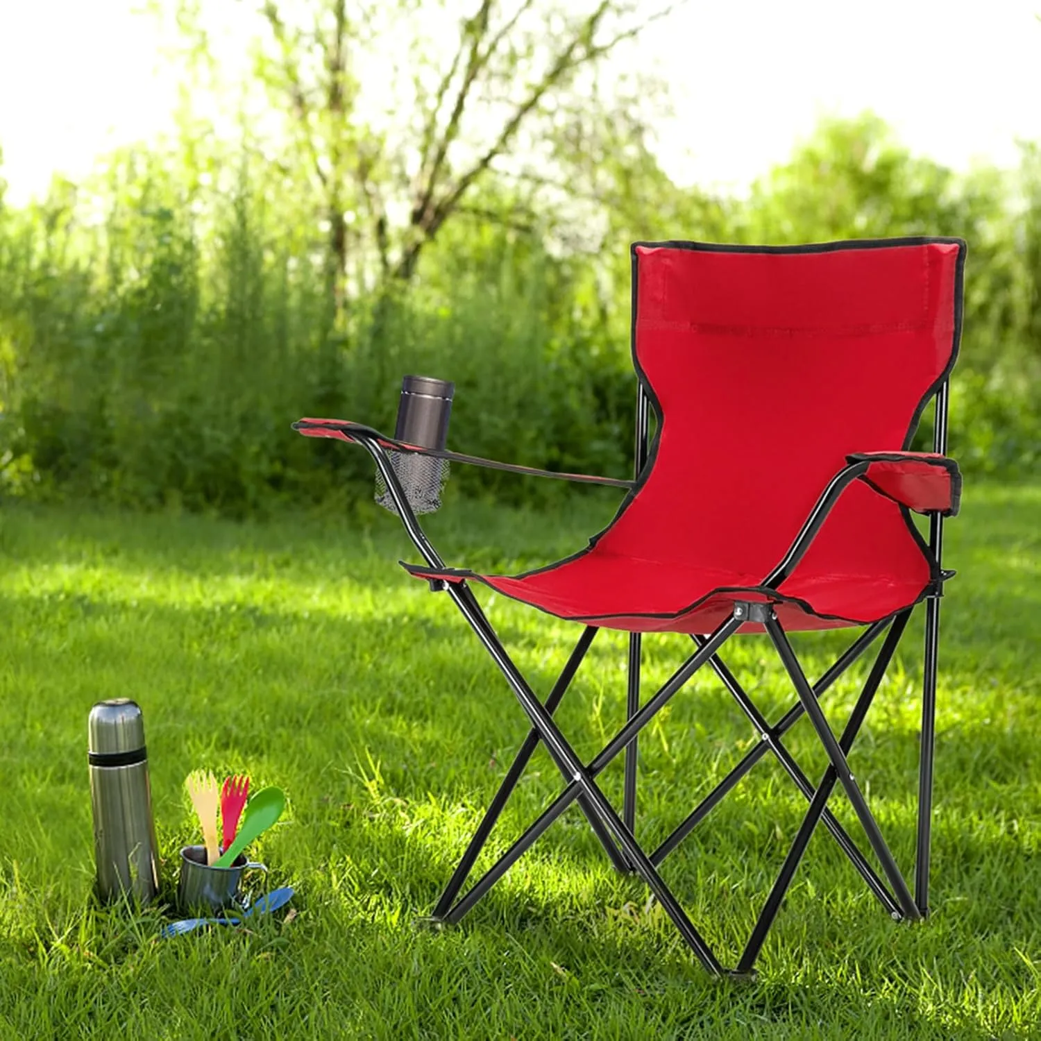 Portable Camping Chairs for Adults with Arm Rest Cup Holder and Carrying Bag, Enjoy Outdoors with Versatile Folding Sports & Beach Chair, Red