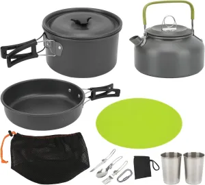 Portable Camping Cookware Mess Kit for Backpacking, Lightweight and Compact, Self Rebounding Handle Pots and Pans, Hard Oxidized Aluminum Material, to Carry and Store,