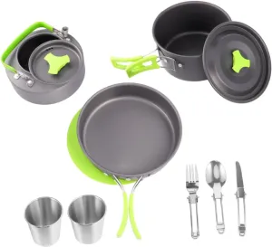 Portable Camping Pot Set 12-Piece Aluminum Cooking Gear BBQ Accessories Easy-fold Utensils Compact for Outdoor Adventures