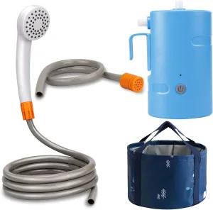 Portable Camping Shower, Built-in 4400mAh, USB Rechargeable IPX7 Waterproof Battery Shower Pump Collapsible Bucket for Family Camp Hiking Backpacking Travel Beach Pet Flowering, Outdoor