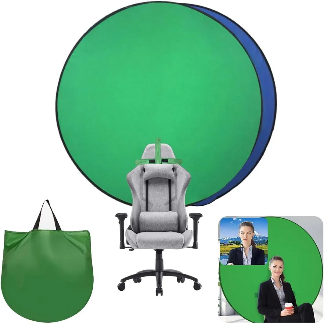 Portable Collapsible Webcam Backdrop With Package Bag, Attaches to Chair, Easy Setup, Wrinkle-Resistant Fabric, Perfect for Zoom Webex Teams TikTok, Background Green Blue Screen D59''