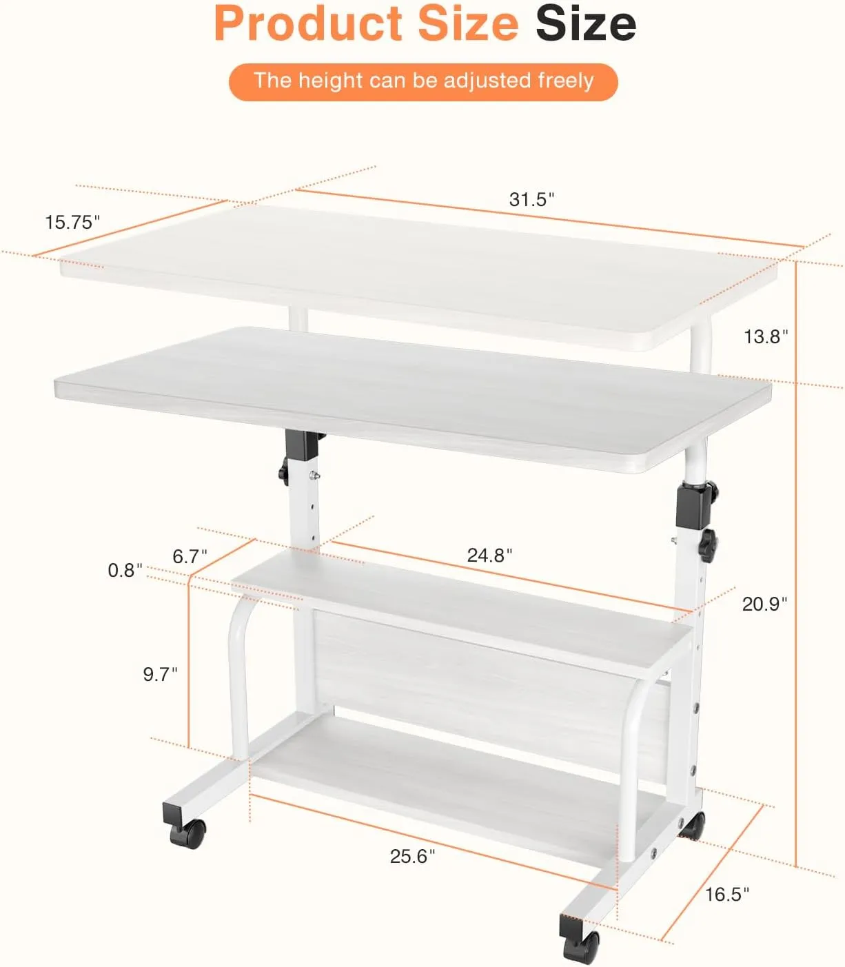 Portable Desk with Wheels Small Standing Desk on Wheels Adjustable Height Rolling Desks for Small Spaces, 32" Computer Desks with Storage Shelves for Home Office Study White