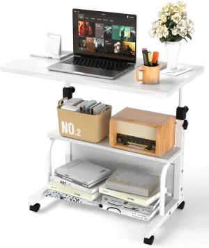 Portable Desk with Wheels Small Standing Desk on Wheels Adjustable Height Rolling Desks for Small Spaces, 32" Computer Desks with Storage Shelves for Home Office Study White