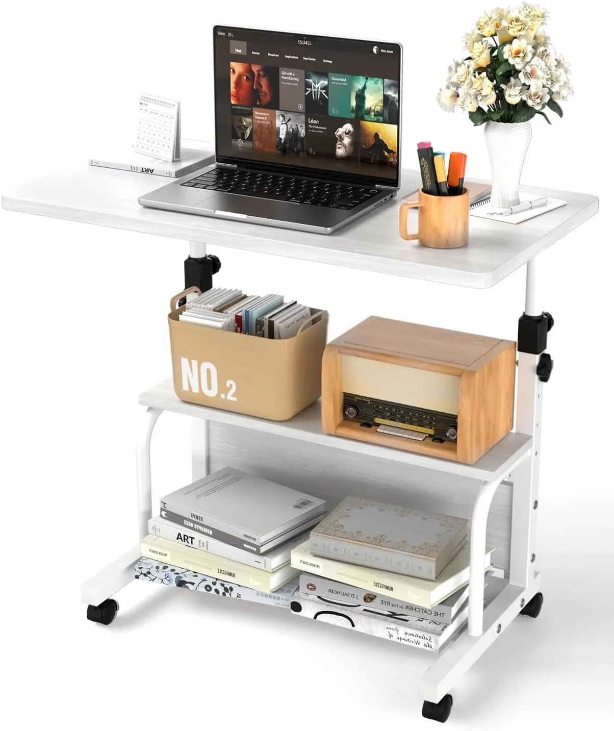 Portable Desk with Wheels Small Standing Desk on Wheels Adjustable Height Rolling Desks for Small Spaces, 32" Computer Desks with Storage Shelves for Home Office Study White