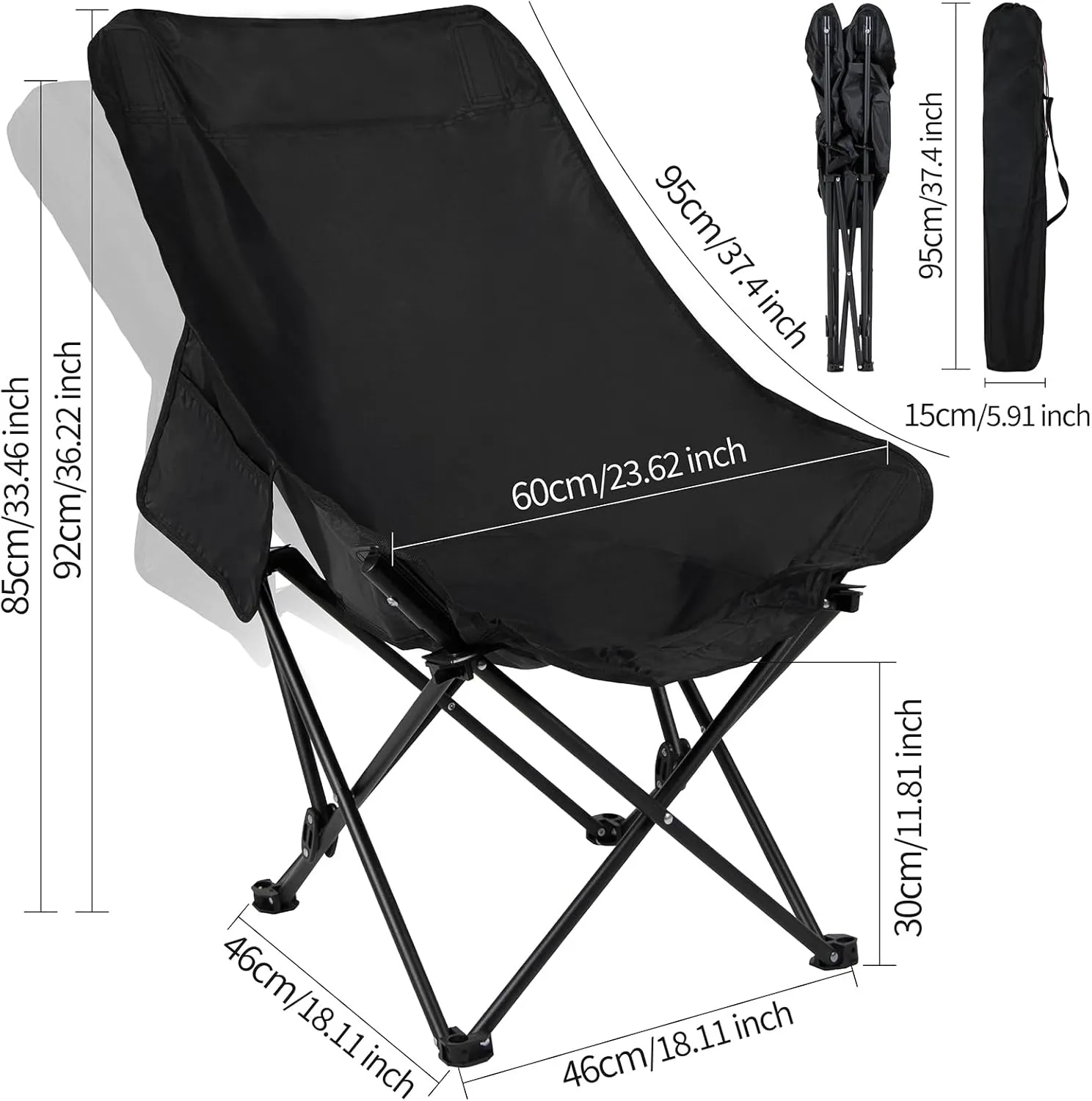 Portable Folding Camping Chair for Adults Lightweight Outdoor Rocker for Camping, Hiking, Fishing, Backpacking, Lawn, Beach, Sports (Black)