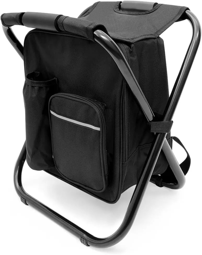 Portable Folding Camping Stool, Backpack with Cooler Bag, Hiking Seat, Outdoor Fishing Hunting Gifts, Black