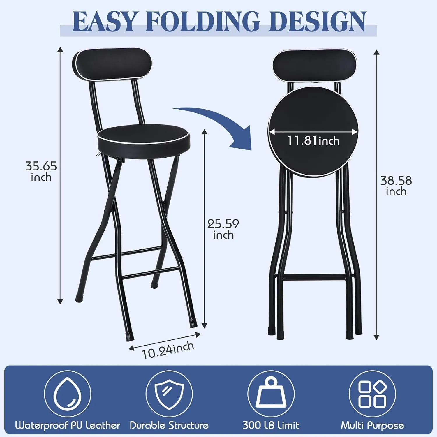 Portable Folding Stool with Backrest Counter Height Bar Stools for Adults Cushioned Padded Foldable Chair Kitchen Garden Camping Black Set of 2