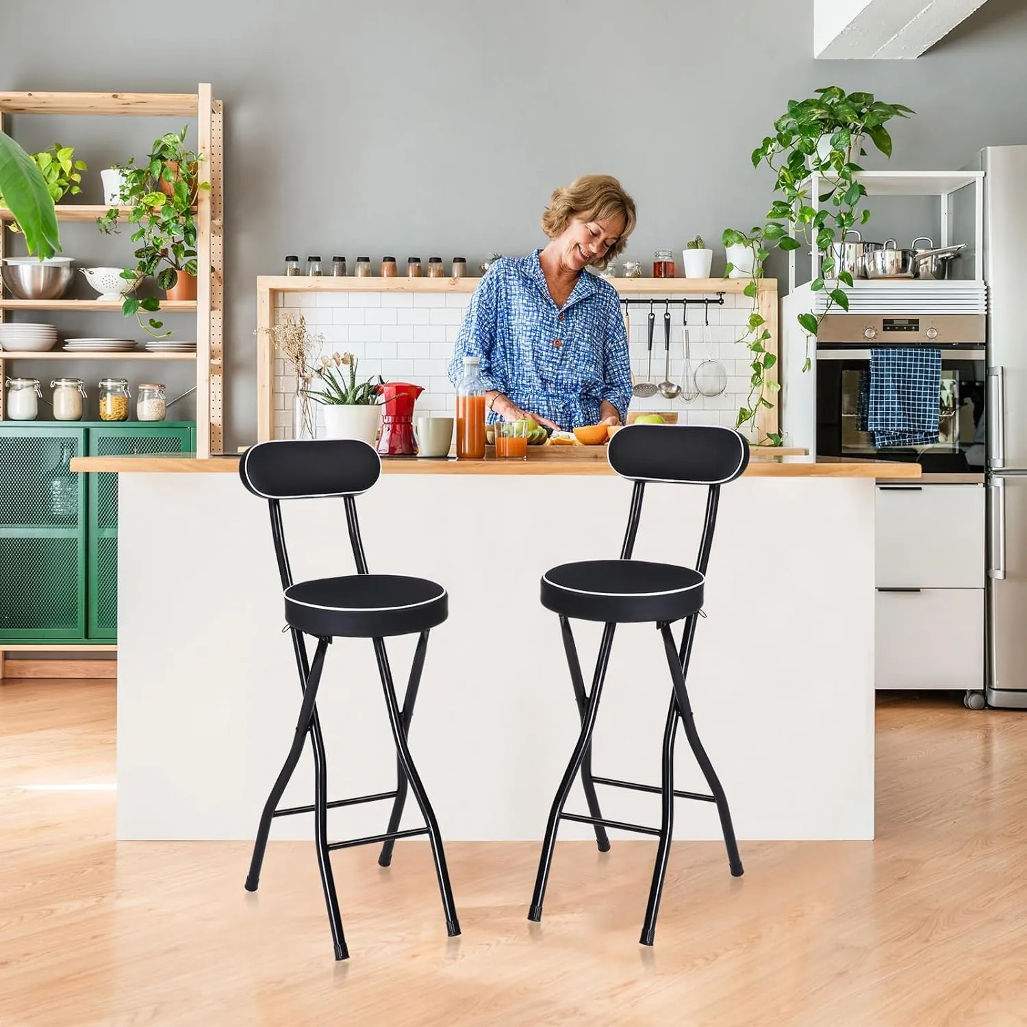Portable Folding Stool with Backrest Counter Height Bar Stools for Adults Cushioned Padded Foldable Chair Kitchen Garden Camping Black Set of 2