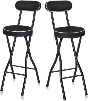 Portable Folding Stool with Backrest Counter Height Bar Stools for Adults Cushioned Padded Foldable Chair Kitchen Garden Camping Black Set of 2