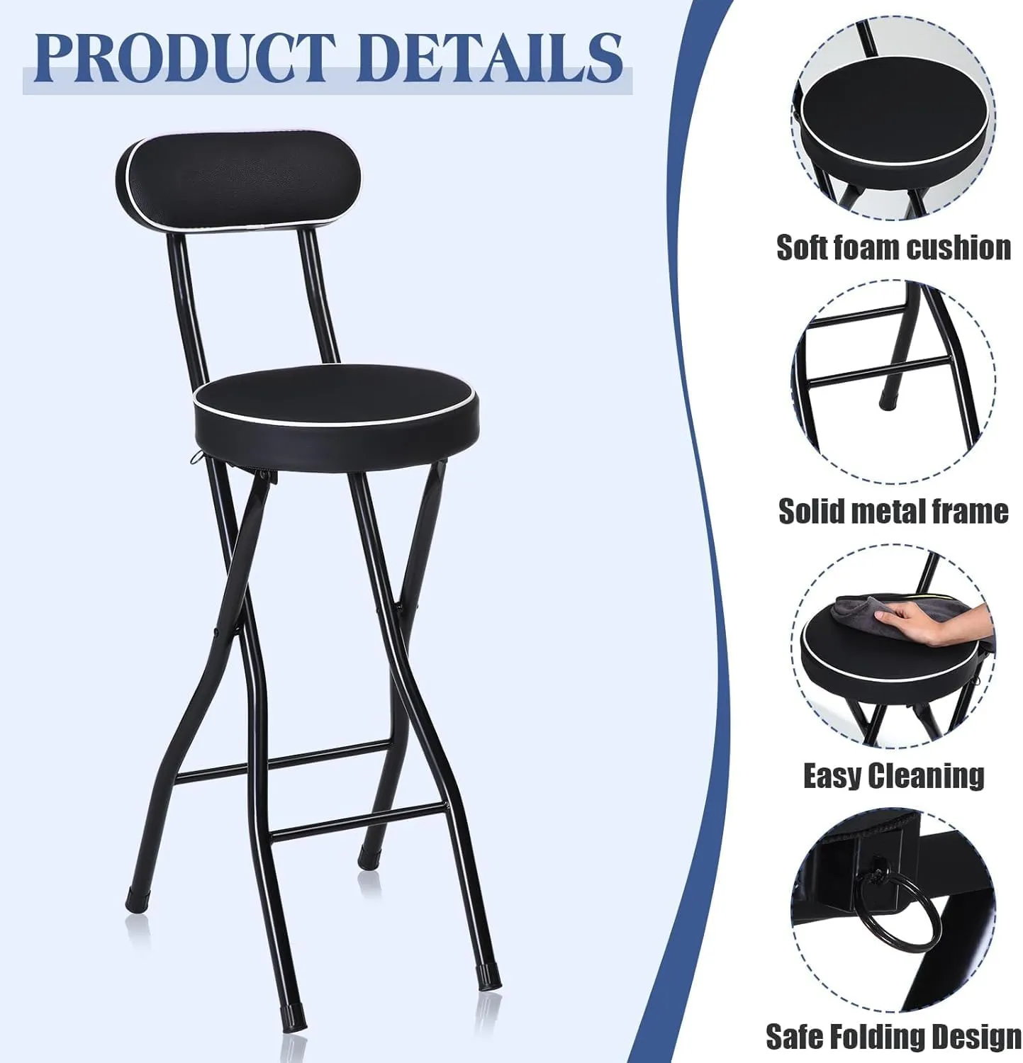 Portable Folding Stool with Backrest Counter Height Bar Stools for Adults Cushioned Padded Foldable Chair Kitchen Garden Camping Black Set of 2