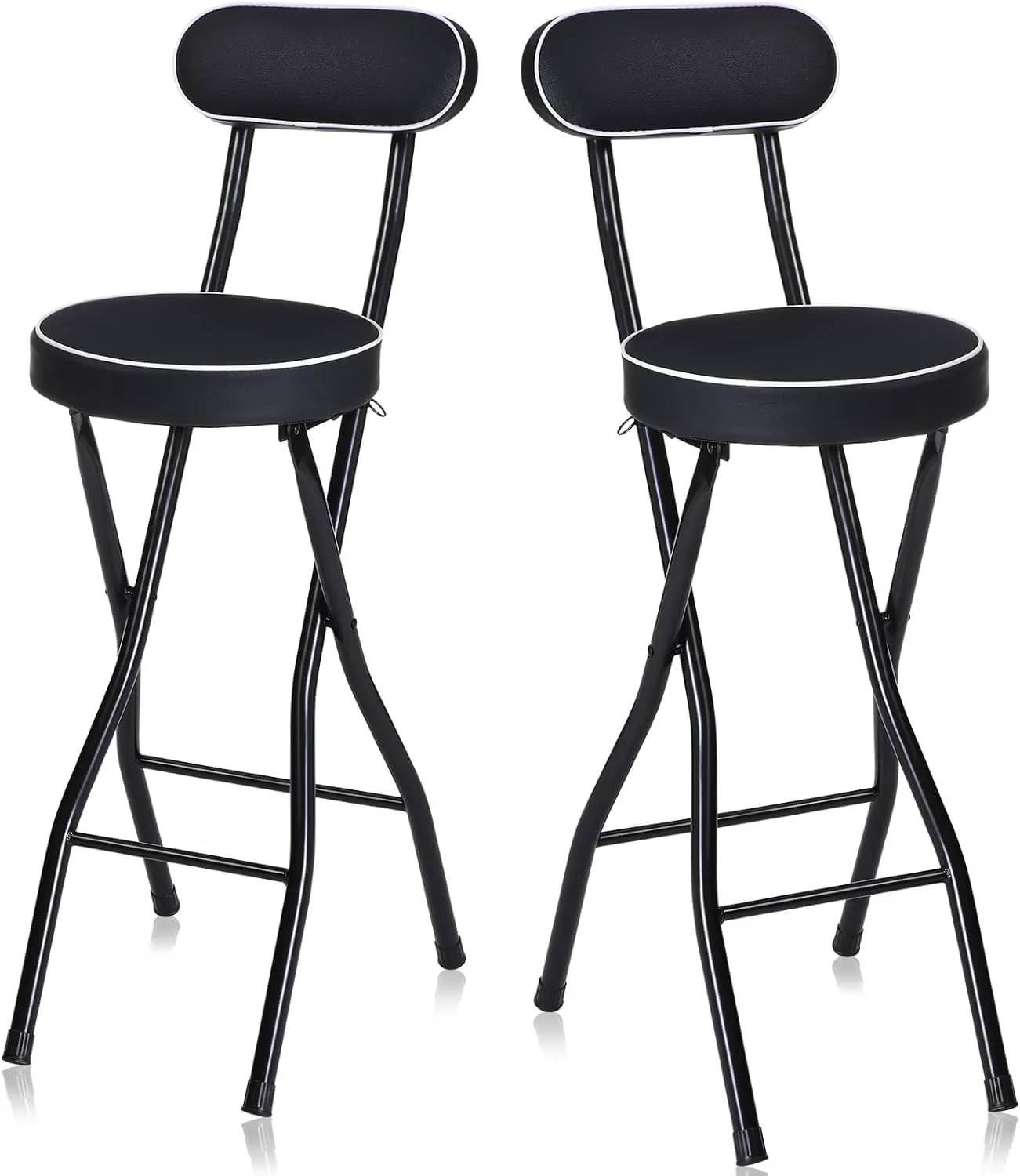 Portable Folding Stool with Backrest Counter Height Bar Stools for Adults Cushioned Padded Foldable Chair Kitchen Garden Camping Black Set of 2
