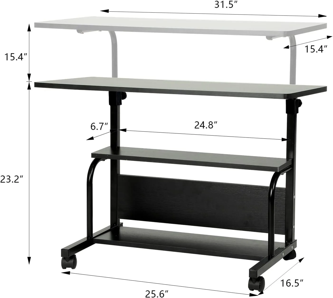 Portable Rolling Desk on Wheels Adjustable Height Desks for Small Spaces, 32" Computer Desk with Storage Shelves for Home Office Black