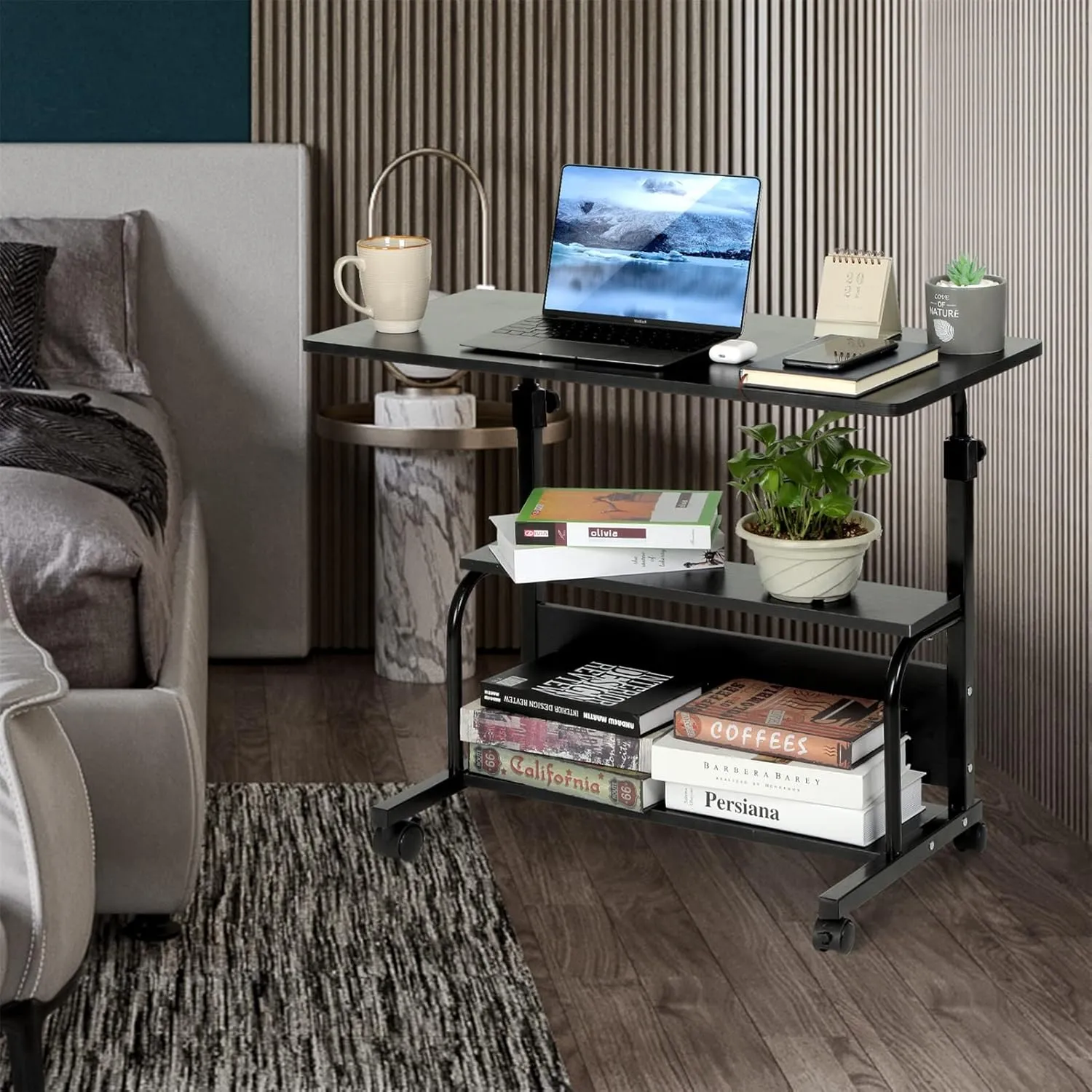 Portable Rolling Desk on Wheels Adjustable Height Desks for Small Spaces, 32" Computer Desk with Storage Shelves for Home Office Black