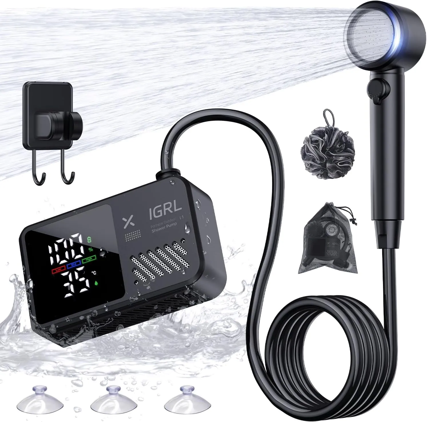 Portable Shower for Camping- Powerful 10L/Min Water Flow, Rechargeable Shower Pump with Bath Sponge, 4 Spray Modes, IPX8 Waterproof, 7800mAh Battery, Ideal for Hiking, Travel, Pet, Car Wash