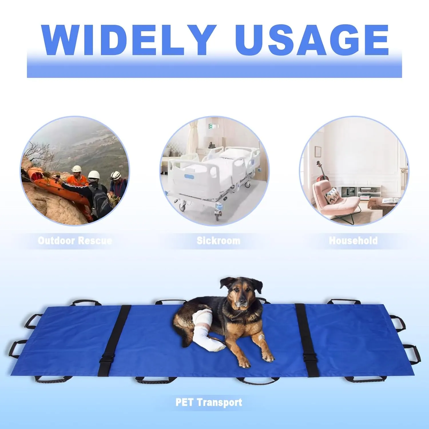 Portable Transport Stretcher with 12 Rubber Handles & Carrying Bag – Dog Stretcher & Gurney, Patient Animal Mover for Emergency Casualty Evacuation, 400lbs Capacity（Blue）