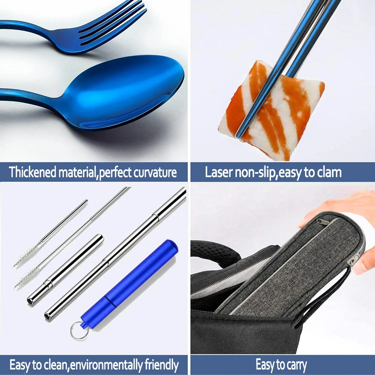 Portable Travel Reusable Utensils Silverware with Case,Travel Camping Cutlery set,Chopsticks and Straw Flatware, Stainless steel Travel Utensil set (Blue) Up