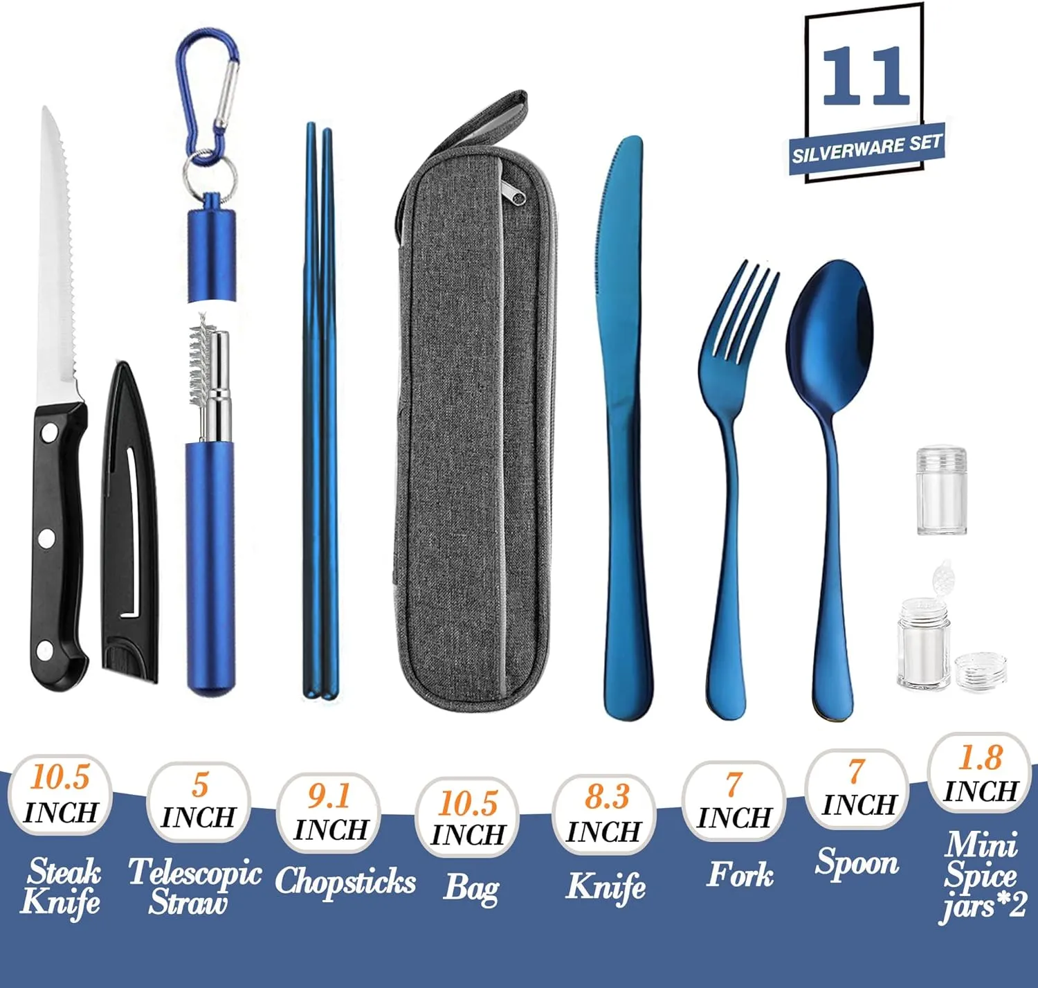 Portable Travel Reusable Utensils Silverware with Case,Travel Camping Cutlery set,Chopsticks and Straw Flatware, Stainless steel Travel Utensil set (Blue) Up