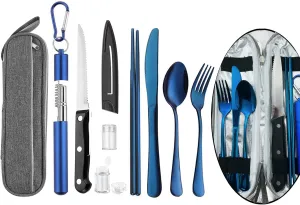 Portable Travel Reusable Utensils Silverware with Case,Travel Camping Cutlery set,Chopsticks and Straw Flatware, Stainless steel Travel Utensil set (Blue) Up