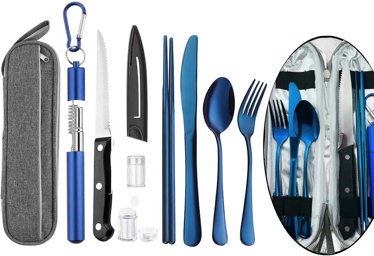 Portable Travel Reusable Utensils Silverware with Case,Travel Camping Cutlery set,Chopsticks and Straw Flatware, Stainless steel Travel Utensil set (Blue) Up