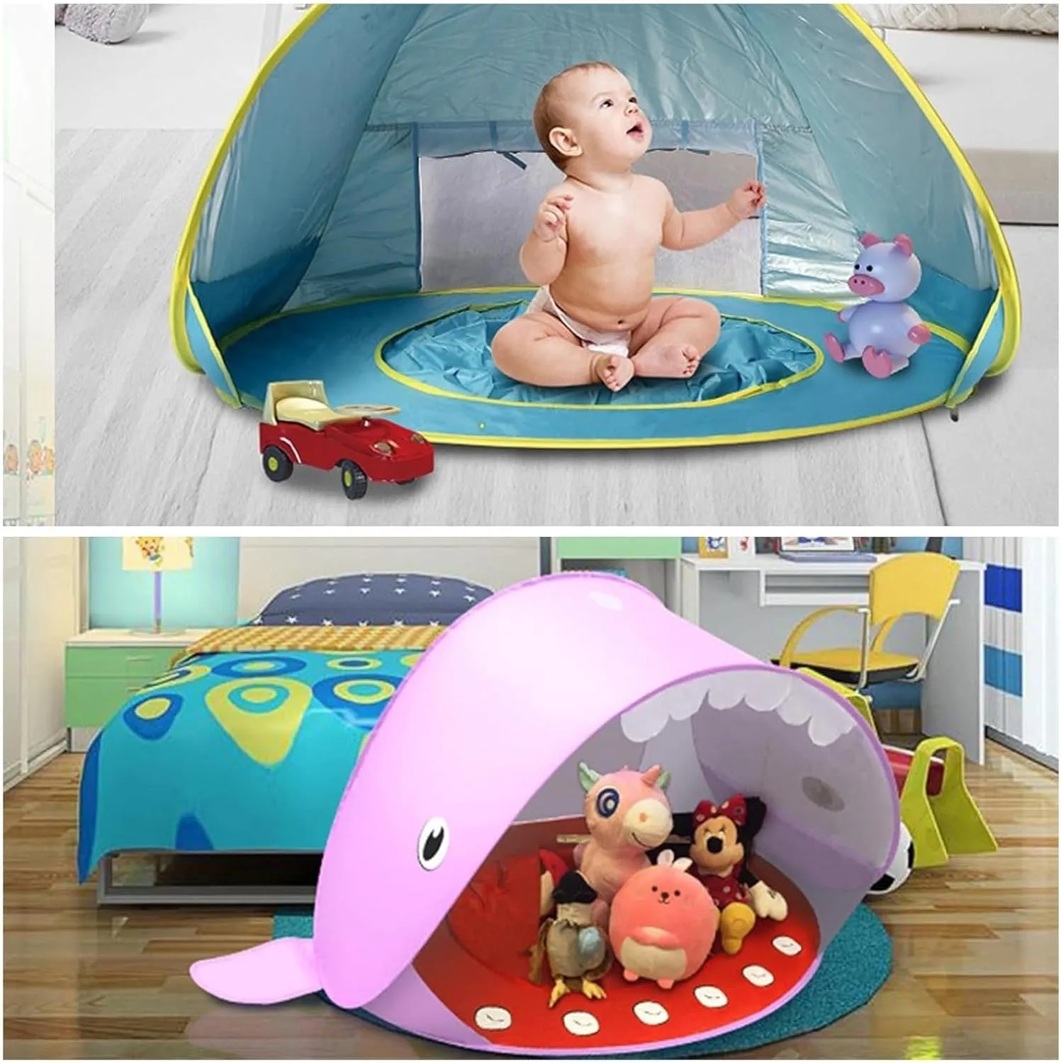 Portable UV-Resistant Baby Beach Tent, Baby Beach Tent with Pop-Up Pool, Sun Puddle Pool Tents Shelter for Infant with Canopy, Pools Protection Dome for Babies Kids Toddlers(Style H)