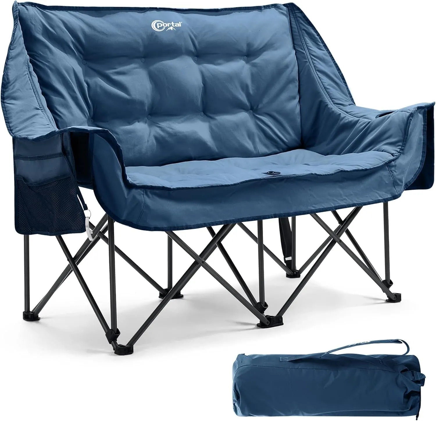 PORTAL Double Camping Chair Sofa 2 Person Loveseat Folding Thicken Camp Chair for Adults with Cup Holder, Outdoors Lawn Camp Soccer Sports, Support 600 lbs (Blue)
