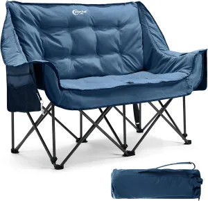 PORTAL Double Camping Chair Sofa 2 Person Loveseat Folding Thicken Camp Chair for Adults with Cup Holder, Outdoors Lawn Camp Soccer Sports, Support 600 lbs (Blue)