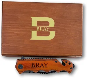 Premium Personalized Knife With Glass Breaker, Seat Belt Cutter Knife, Survival Tactical Knife, wood Finished Handle Personalized Knife, Engraved Knife with Wood Box