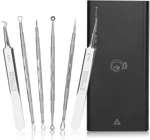 Professional Facial Blackhead Remover Tweezers,6-Piece Stainless Steel Acne Extractor Tools Set with Storage CaseKit for Whitehead Acne Blemishes Comedones Stainless Steel Makeup Tool