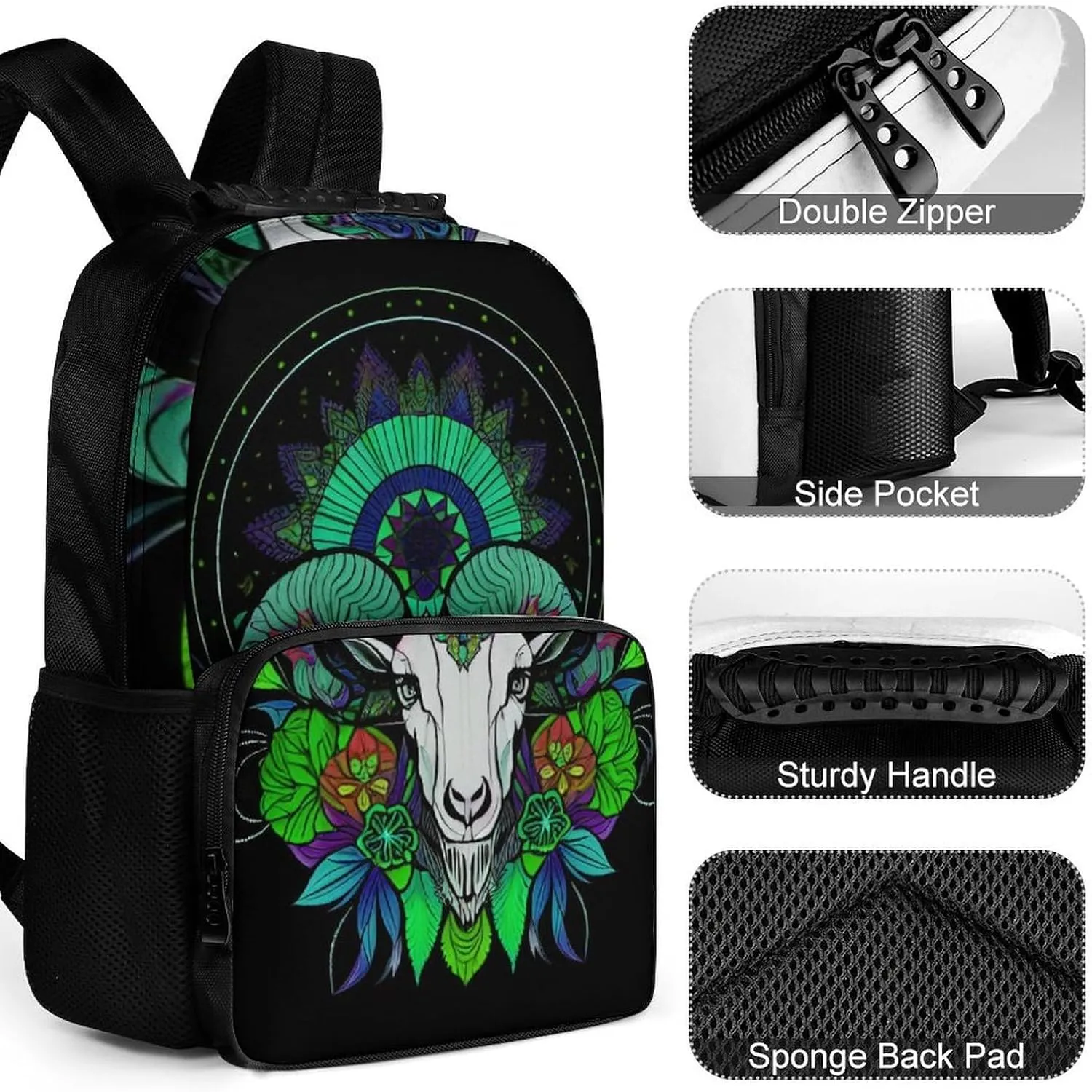 Psychedelic Goat Skull Art Rucksacks Polyester Anti-Theft Multipurpose Carry On Bag Large Capacity Gym Outdoor Hiking Backpack With Smooth Zippers