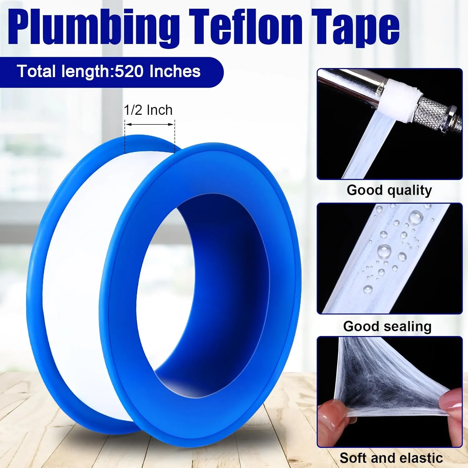 PTFE Tape 1/2 x 520 Inches Plumbers Waterproof Sealant Plumbing Tape for Shower Head Repairing Water Pipe Sealing(White,100 Rolls)