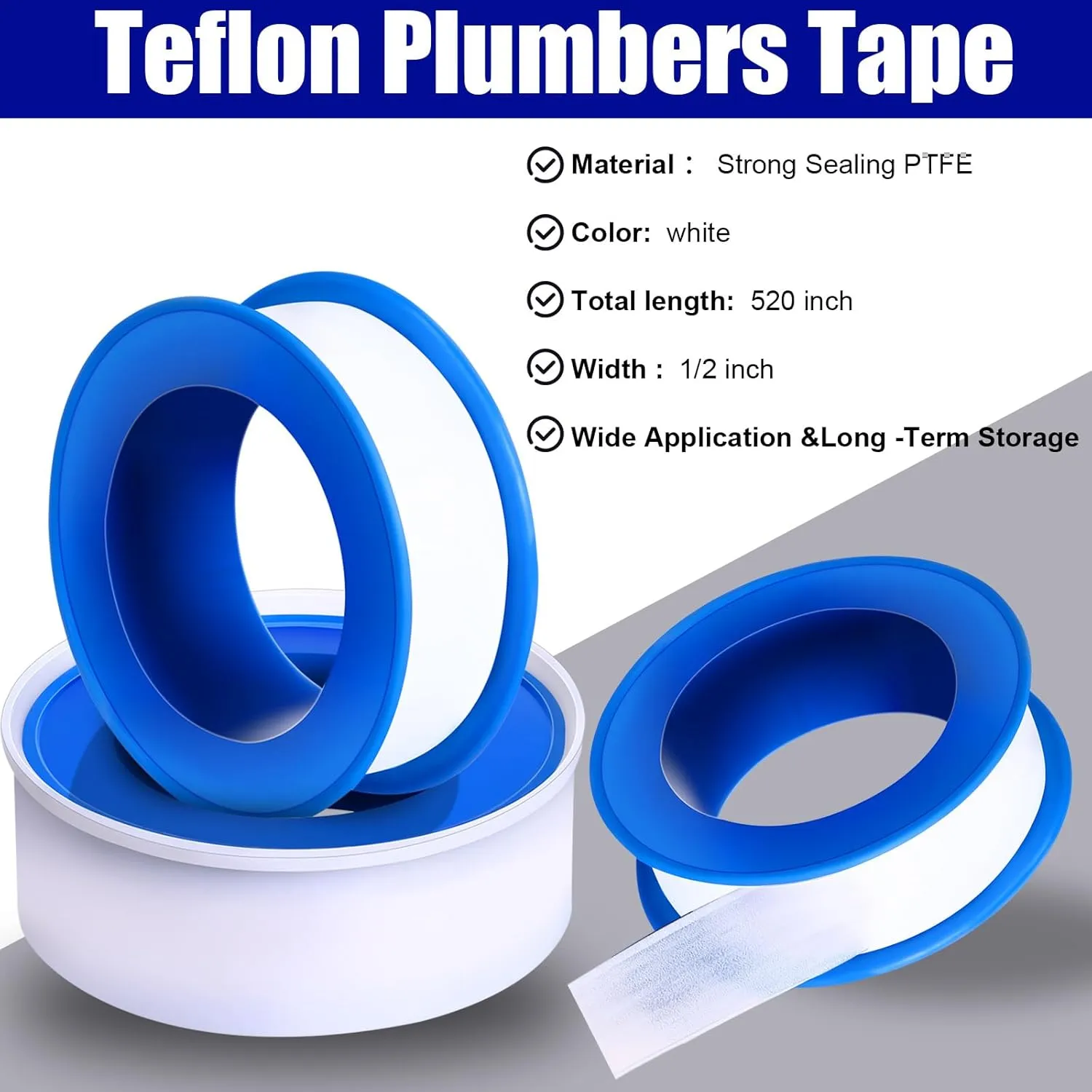 PTFE Tape 1/2 x 520 Inches Plumbers Waterproof Sealant Plumbing Tape for Shower Head Repairing Water Pipe Sealing(White,100 Rolls)