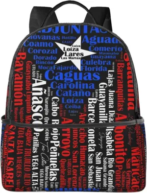 Puerto Rican Flag Towns Cities Of Puerto Rico Casual Backpacks Travel Backpack Fashion Rucksack Outdoor Daypack Lightweight Bag with Leather Handles for Working Hiking Camping