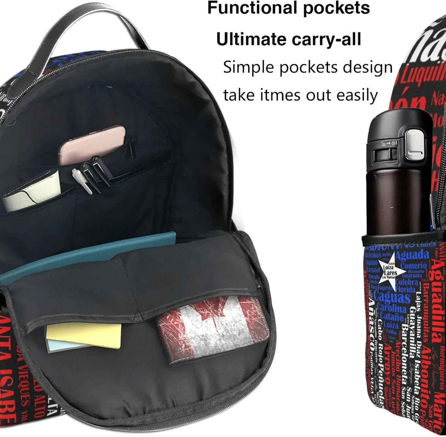 Puerto Rican Flag Towns Cities Of Puerto Rico Casual Backpacks Travel Backpack Fashion Rucksack Outdoor Daypack Lightweight Bag with Leather Handles for Working Hiking Camping