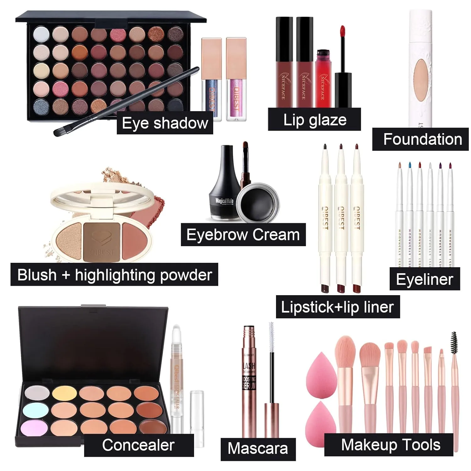 Pure Vie All-in-One Holiday Gift Surprise Makeup Set Essential Starter Bundle Include Eyeshadow Palette Lipstick Concealer Blush Mascara Eyeliner Face Powder Lipgloss Brush - Full Makeup Kit for Women