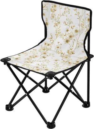 Pure White Background with Lots of Golden Flowers on It Folding Camp Chairs for Adults Heavy Duty Ultralight Beach Chair Backpack Carry Bag Included Lawn Chair for Sports Camp