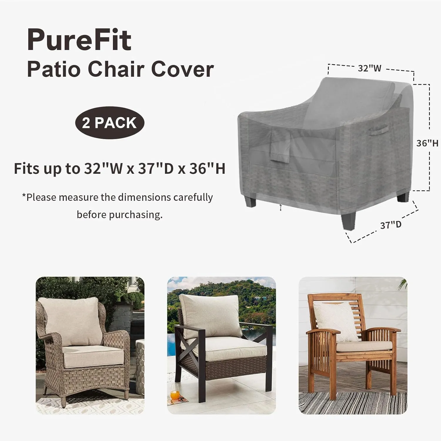 PureFit Outdoor Chair Covers Waterproof 2 Pack Patio Furniture Lawn Chair Covers for Outdoor Furniture with Air Vent and Padded Handles, Fits up to 32W x 37D x 36H Inches, Gray