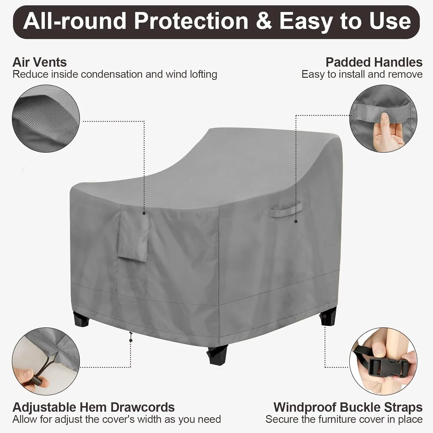 PureFit Outdoor Chair Covers Waterproof 2 Pack Patio Furniture Lawn Chair Covers for Outdoor Furniture with Air Vent and Padded Handles, Fits up to 32W x 37D x 36H Inches, Gray