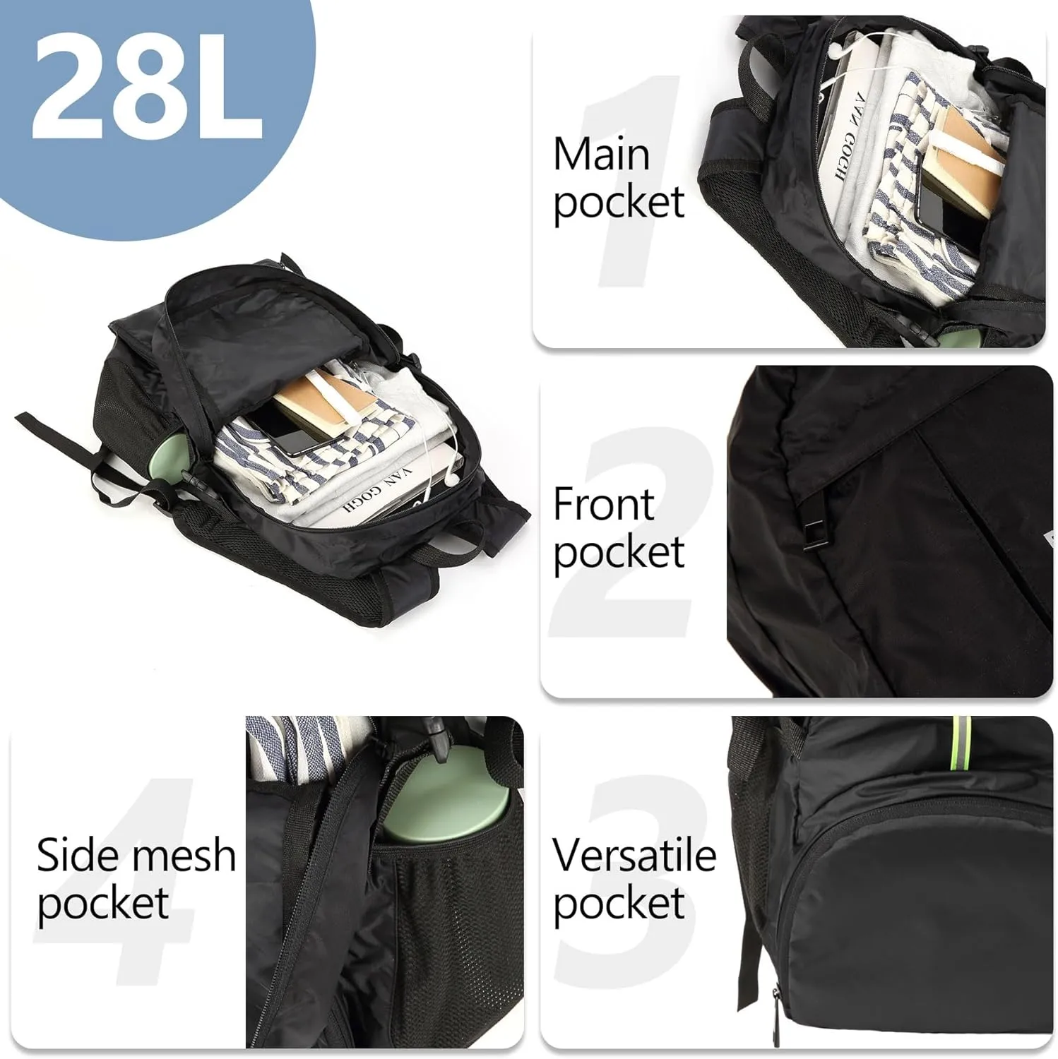 PUREMSX Foldable Hiking Daypack, Men Women Lightweight Water Resistant Packable Backpack for Spring Travel Outdoor, Black