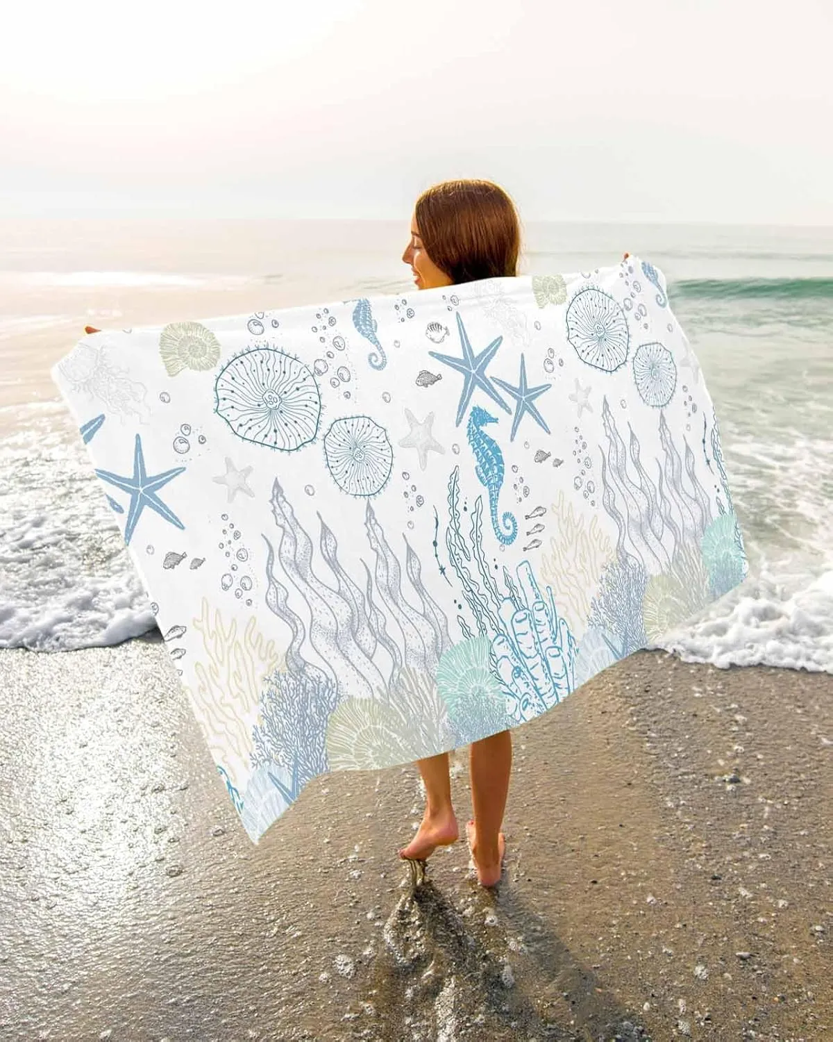 Quick-Drying Microfiber Beach Towel, Blue Soft Absorbent Bath Shower Towels, Ocean Starfish Seahorse Lightweight Portable Towel/Blanket for Travel/Swimming Pool/Camping/Yoga/Gym，35x70 Inch