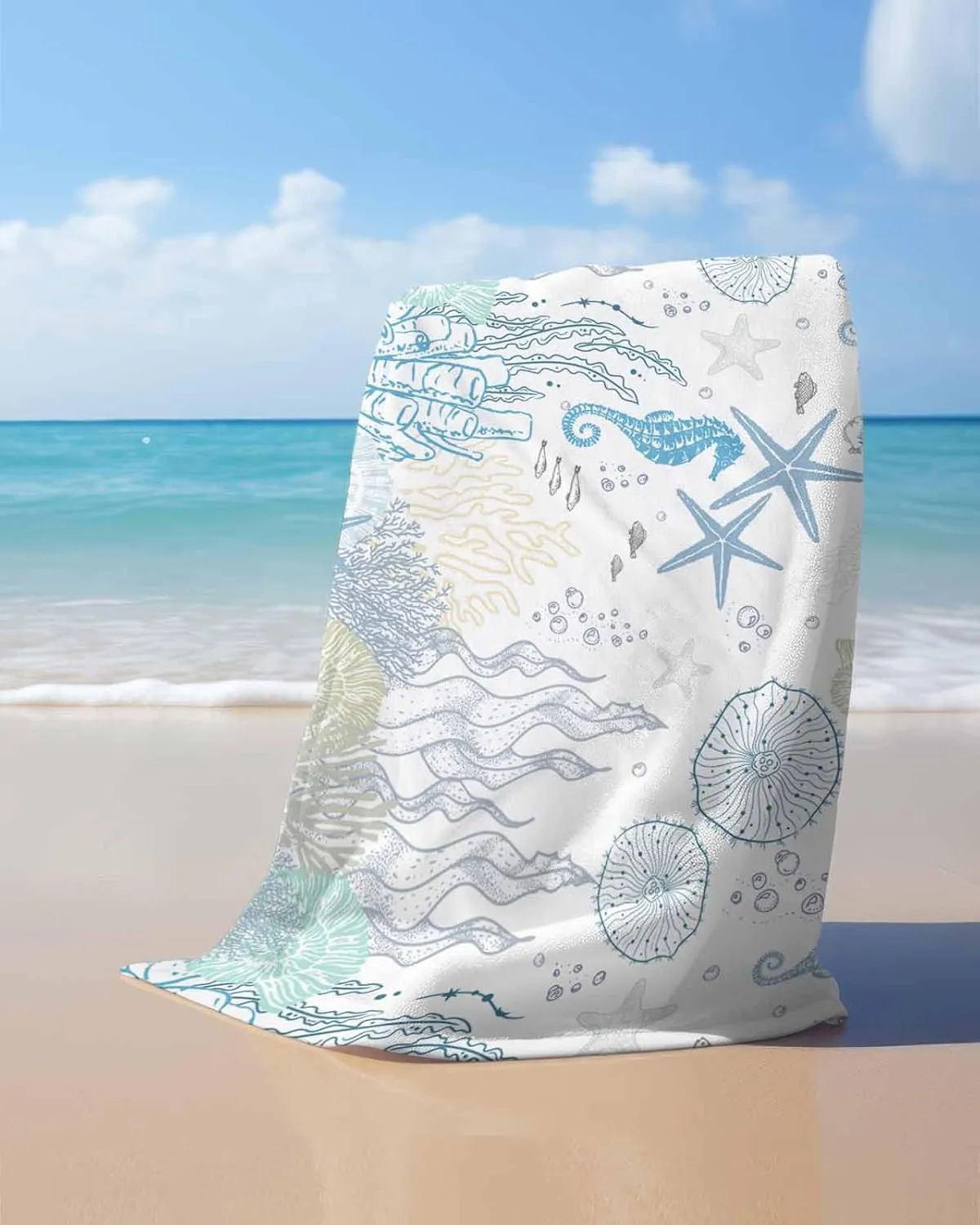 Quick-Drying Microfiber Beach Towel, Blue Soft Absorbent Bath Shower Towels, Ocean Starfish Seahorse Lightweight Portable Towel/Blanket for Travel/Swimming Pool/Camping/Yoga/Gym，35x70 Inch