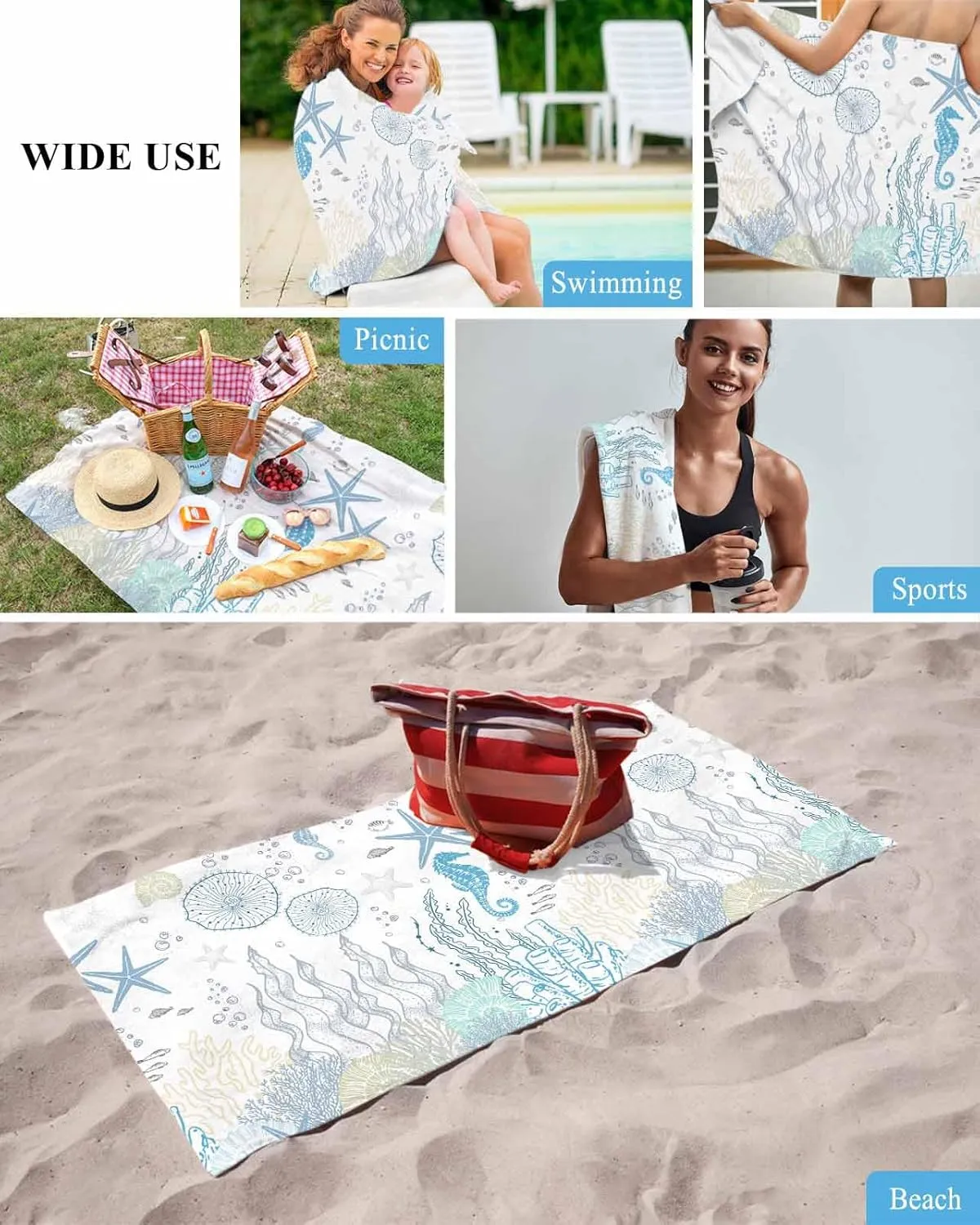 Quick-Drying Microfiber Beach Towel, Blue Soft Absorbent Bath Shower Towels, Ocean Starfish Seahorse Lightweight Portable Towel/Blanket for Travel/Swimming Pool/Camping/Yoga/Gym，35x70 Inch