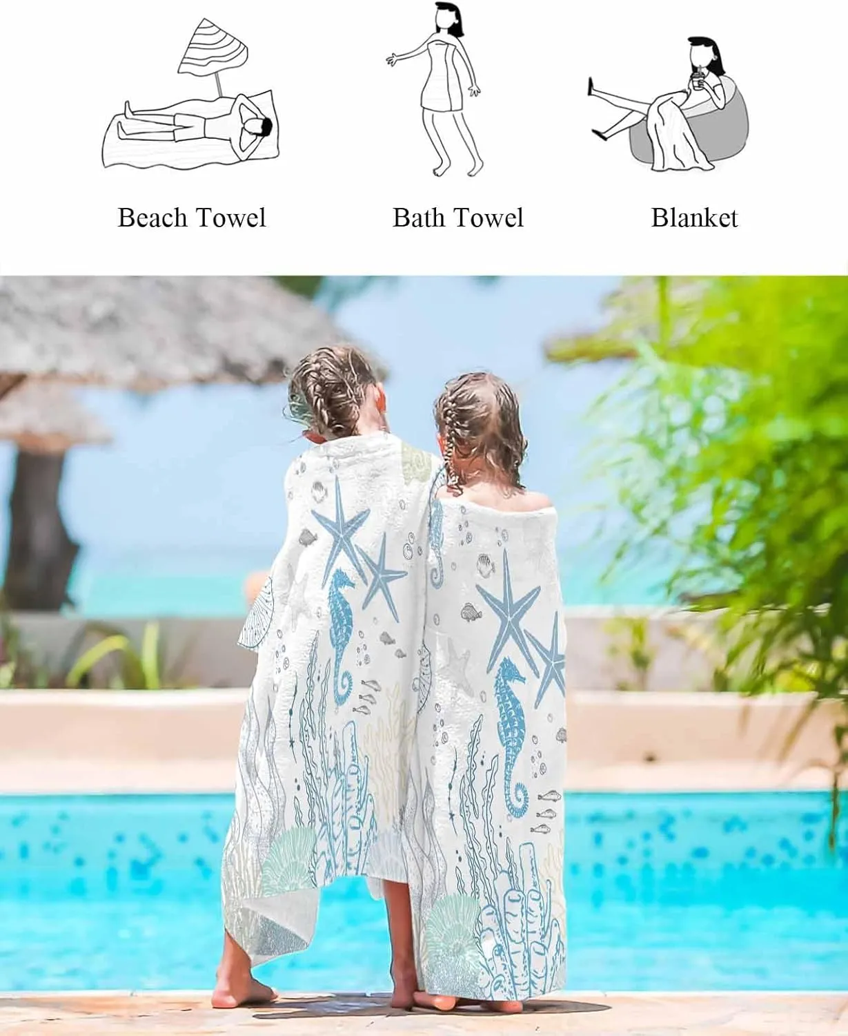 Quick-Drying Microfiber Beach Towel, Blue Soft Absorbent Bath Shower Towels, Ocean Starfish Seahorse Lightweight Portable Towel/Blanket for Travel/Swimming Pool/Camping/Yoga/Gym，35x70 Inch