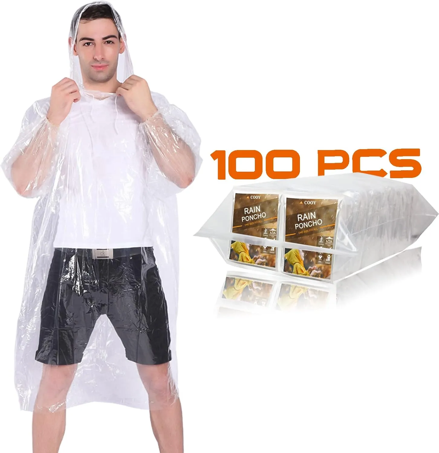 Rain Ponchos,with Drawstring Hood （10 Pack） Emergency Disposable Rain Ponchos Family Pack for Adults,Clear