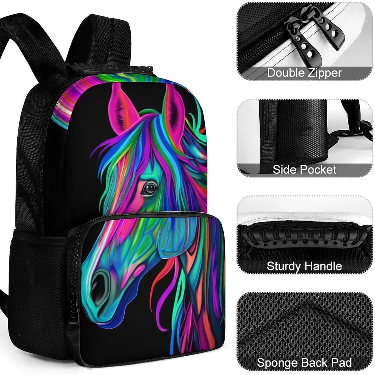 Rainbow Wild Horse Head Art Rucksacks Lightweight Multipurpose Anti-Theft Shoulder Bag Big Capacity Traveling & Camping Backpack With Side Pockets