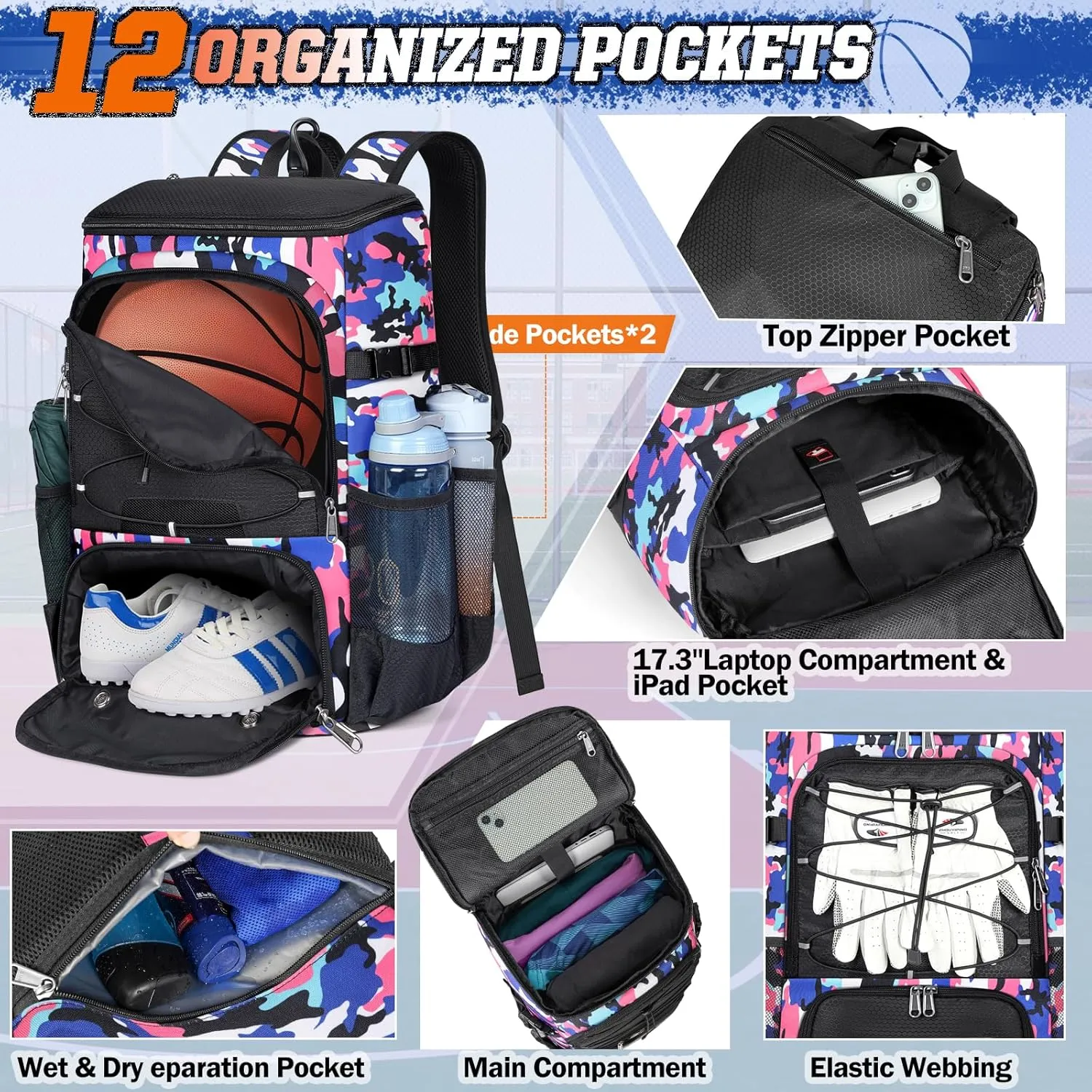 RAINSMORE Basketball Backpack 45L Basketball Bag with Separate Ball Holder & Shoes Compartment Water Resistant Sports Bag Basketball Equipment Bags Fit Volleyball, Soccer, Swim, Gym, Travel