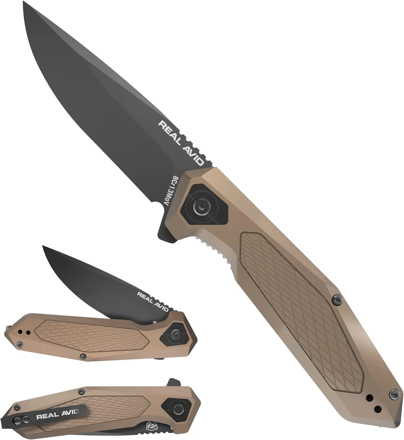 Real Avid RAV-3 EDC Knife | Pocket Knife 3.25" Drop Point Blade, 8Cr13MoV Steel, Durable Knife with Aluminum Handle   SS and Black Oxide Finish