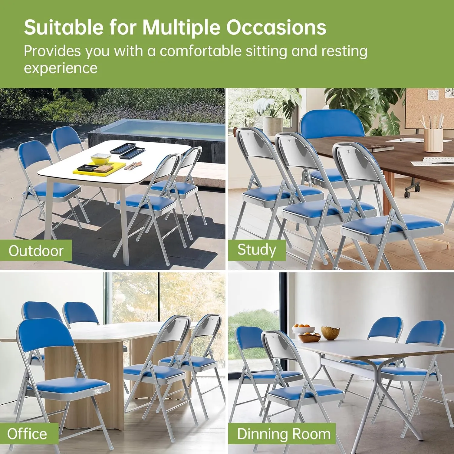 Real Relax 8 Pack Folding Chairs with Padded Seat, Leather Folding Chairs for Home and Office, Indoor and Outdoor Events Blue